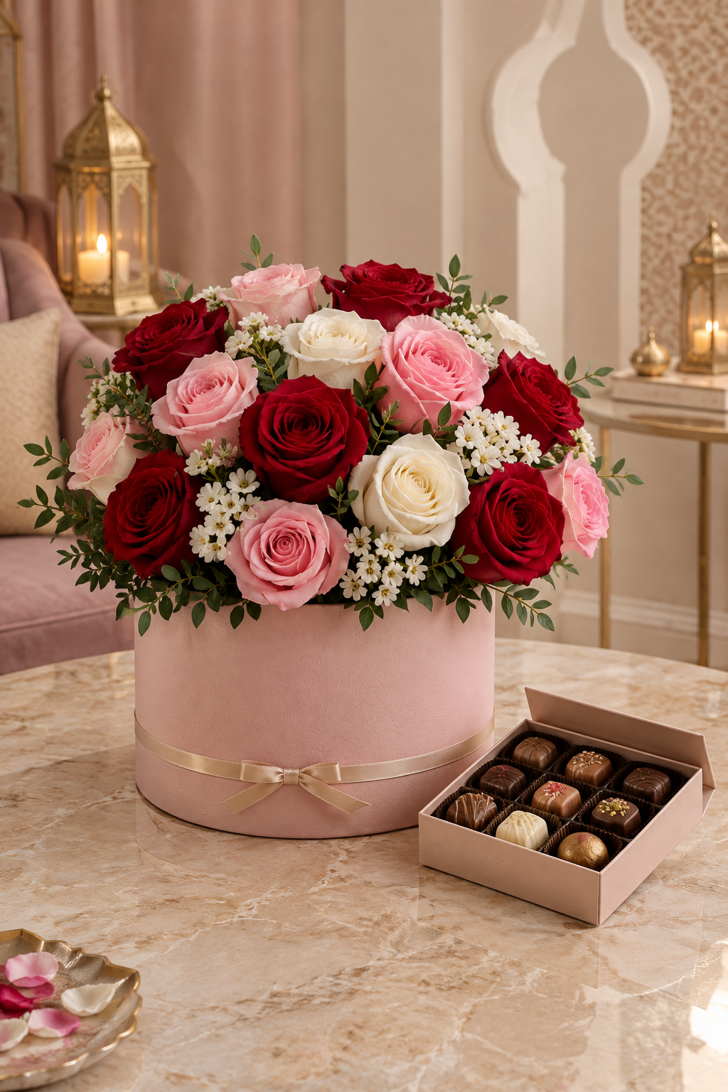 Premium festive flower and chocolate gift arrangement
