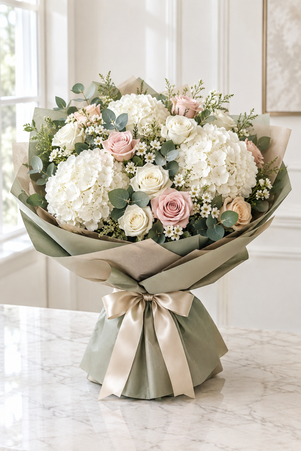 Cloud Nine – White Hydrangea & Blush Rose Bouquet