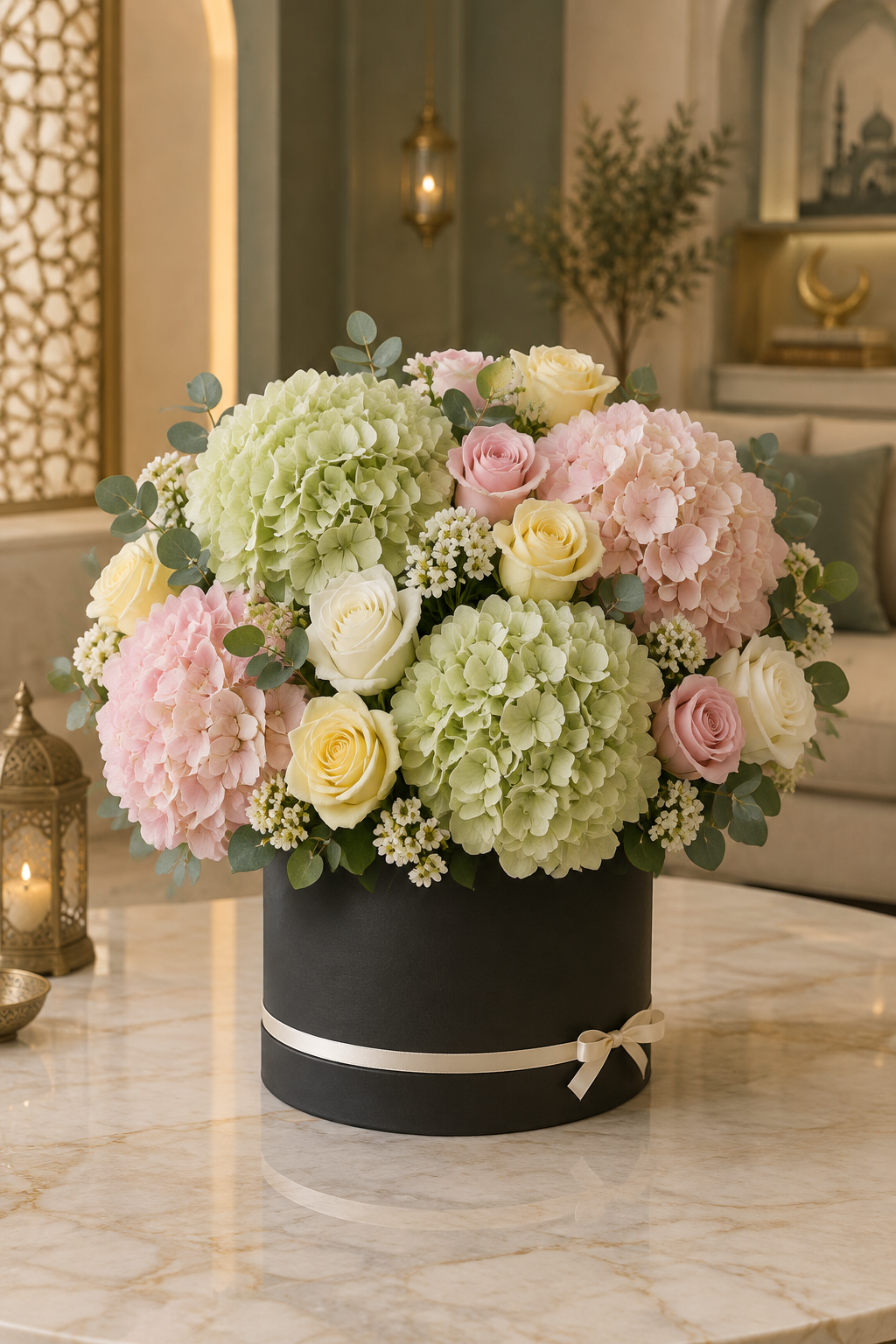 Premium hydrangea and rose luxury hatbox arrangement