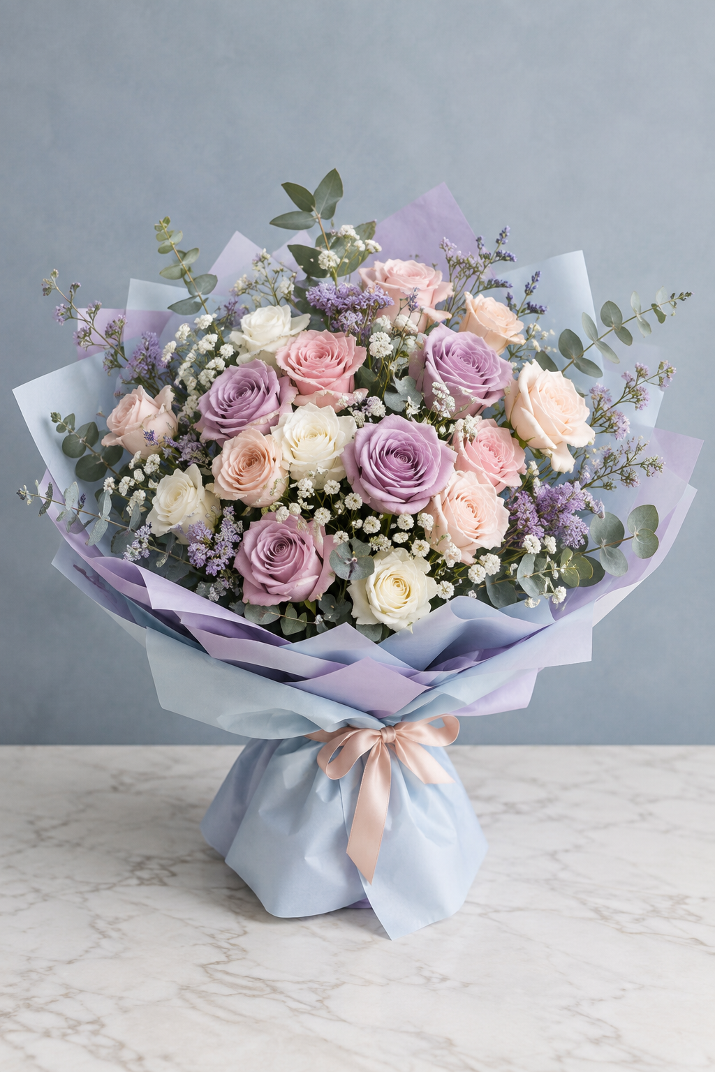 Powder Blue Serenade – Lavender & Blush Rose Bouquet