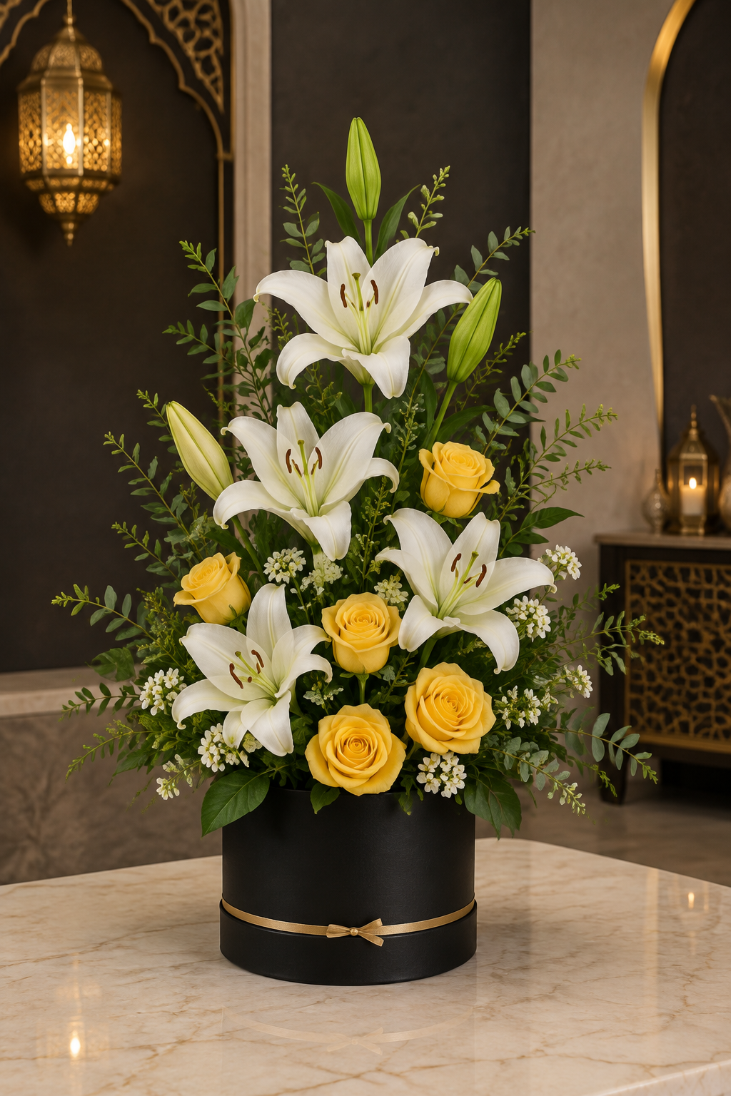 Premium Ramadan Eid Lily Rose Black Hatbox Arrangement