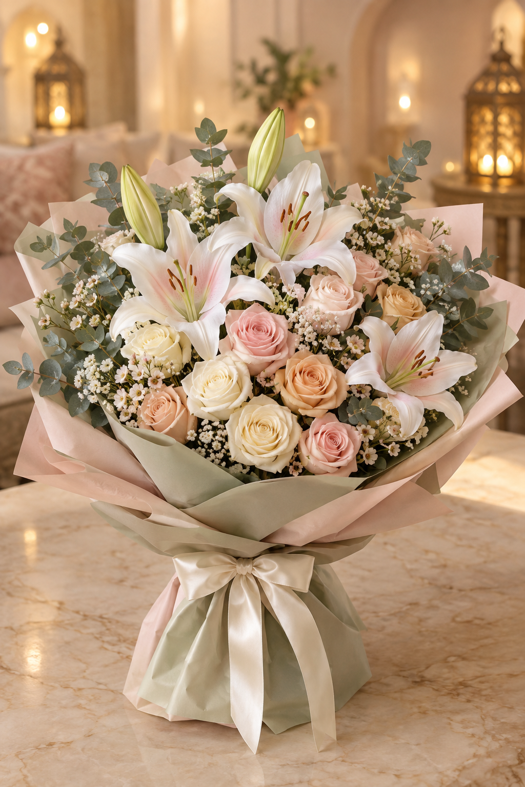 Ramadan Eid wrapped lily and rose bouquet