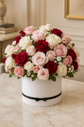 Red blush ivory and pale pink rose dome in matte white hatbox