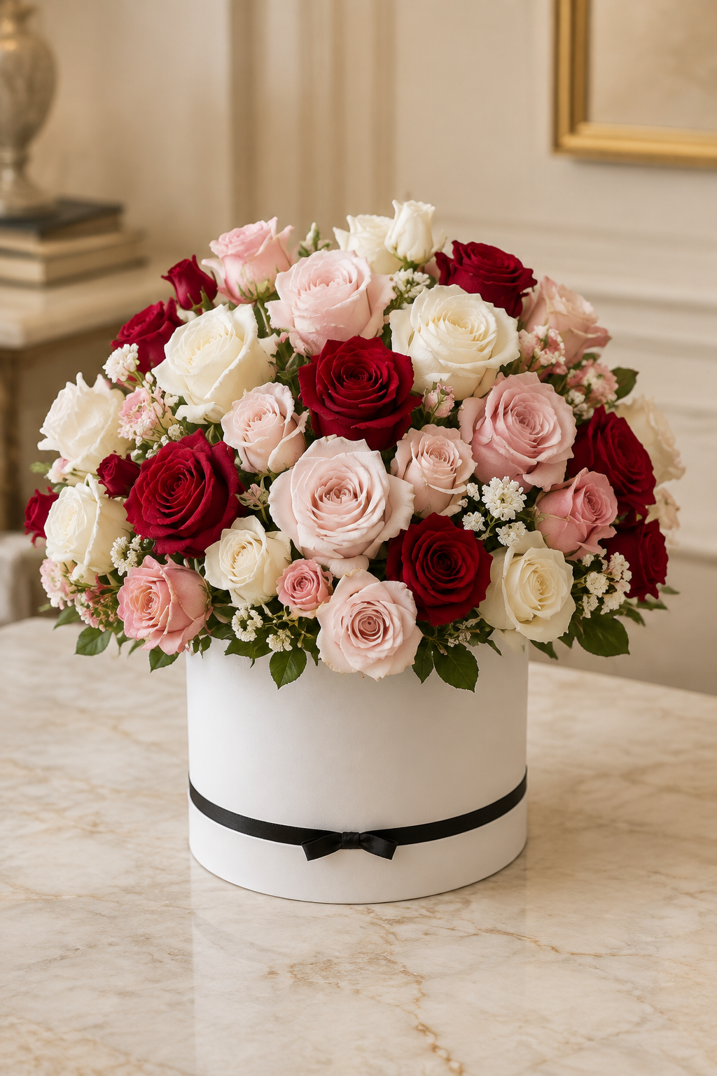 Red blush ivory and pale pink rose dome in matte white hatbox