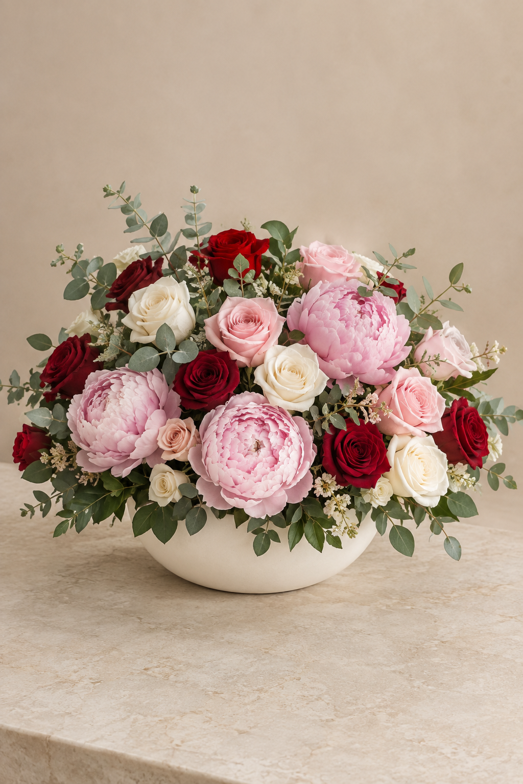 Romantic Mixed Rose & Peony Arrangement in Ivory Ceramic Bowl
