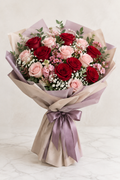 Romantic Red & Blush Rose Bouquet in Nude-Beige & Lavender Wrap