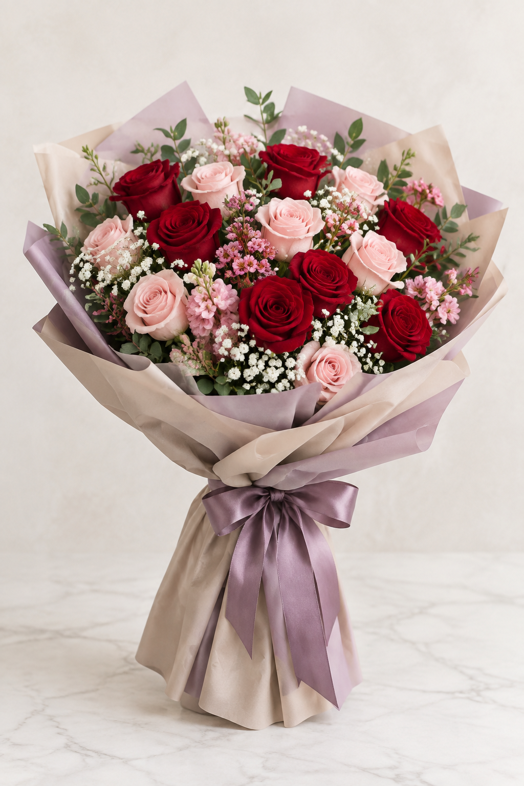 Romantic Red & Blush Rose Bouquet in Nude-Beige & Lavender Wrap