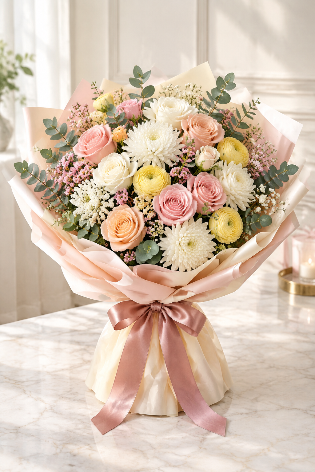Blush Birthday Charm – Peach Rose & Chrysanthemum Bouquet