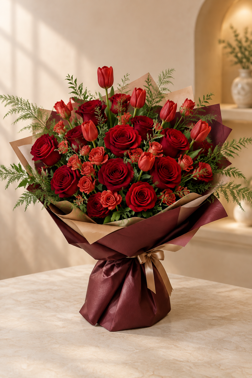 Scarlet Celebration – Red Rose & Tulip Bouquet