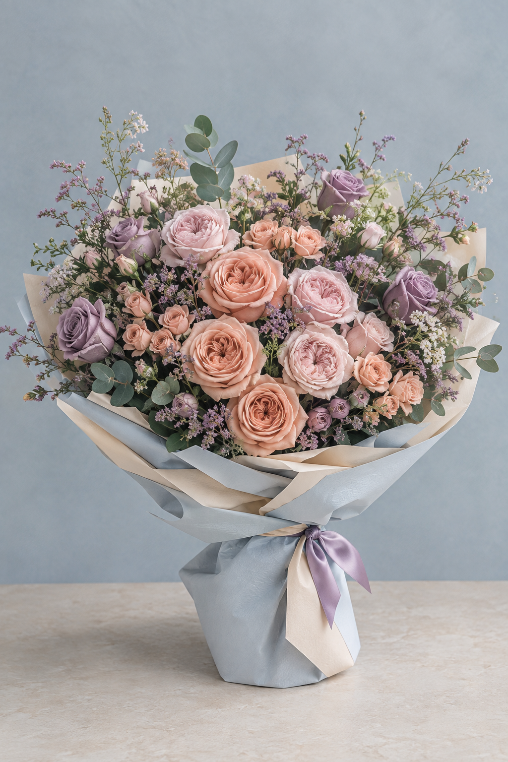 Dusty Peach Dream – Peach Rose & Lavender Bouquet