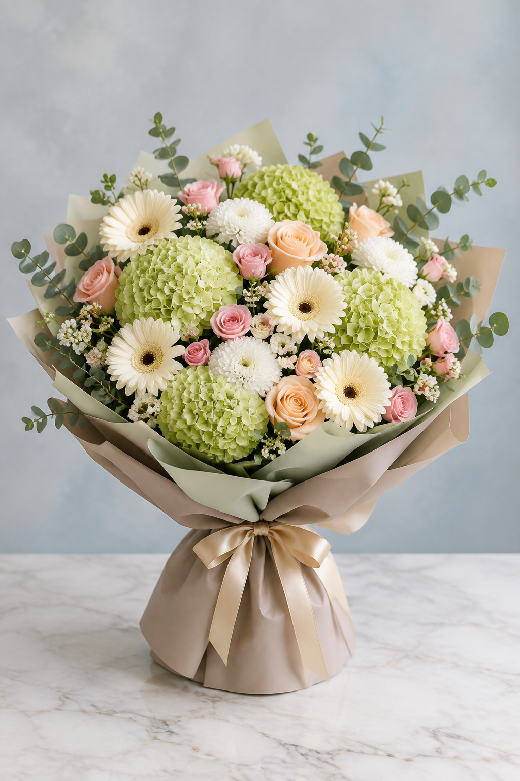 Mint & Blush – Green Chrysanthemum & Gerbera Bouquet