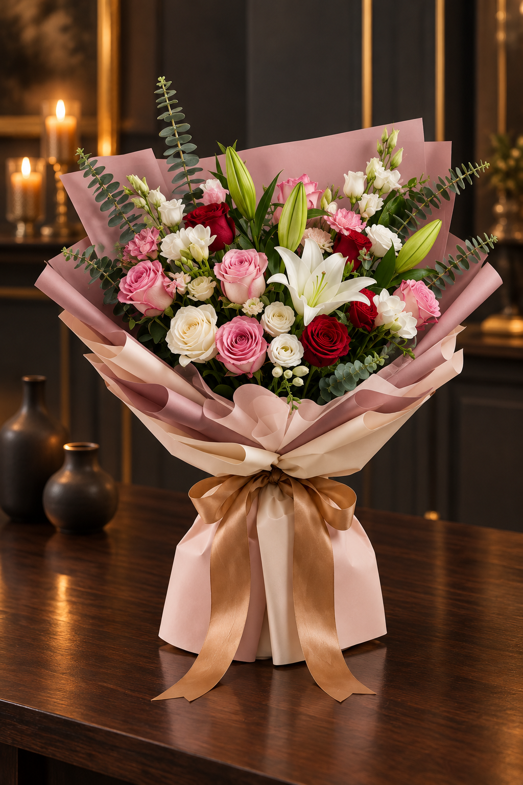 Blush Lily Romance – White Lily & Mixed Rose Bouquet
