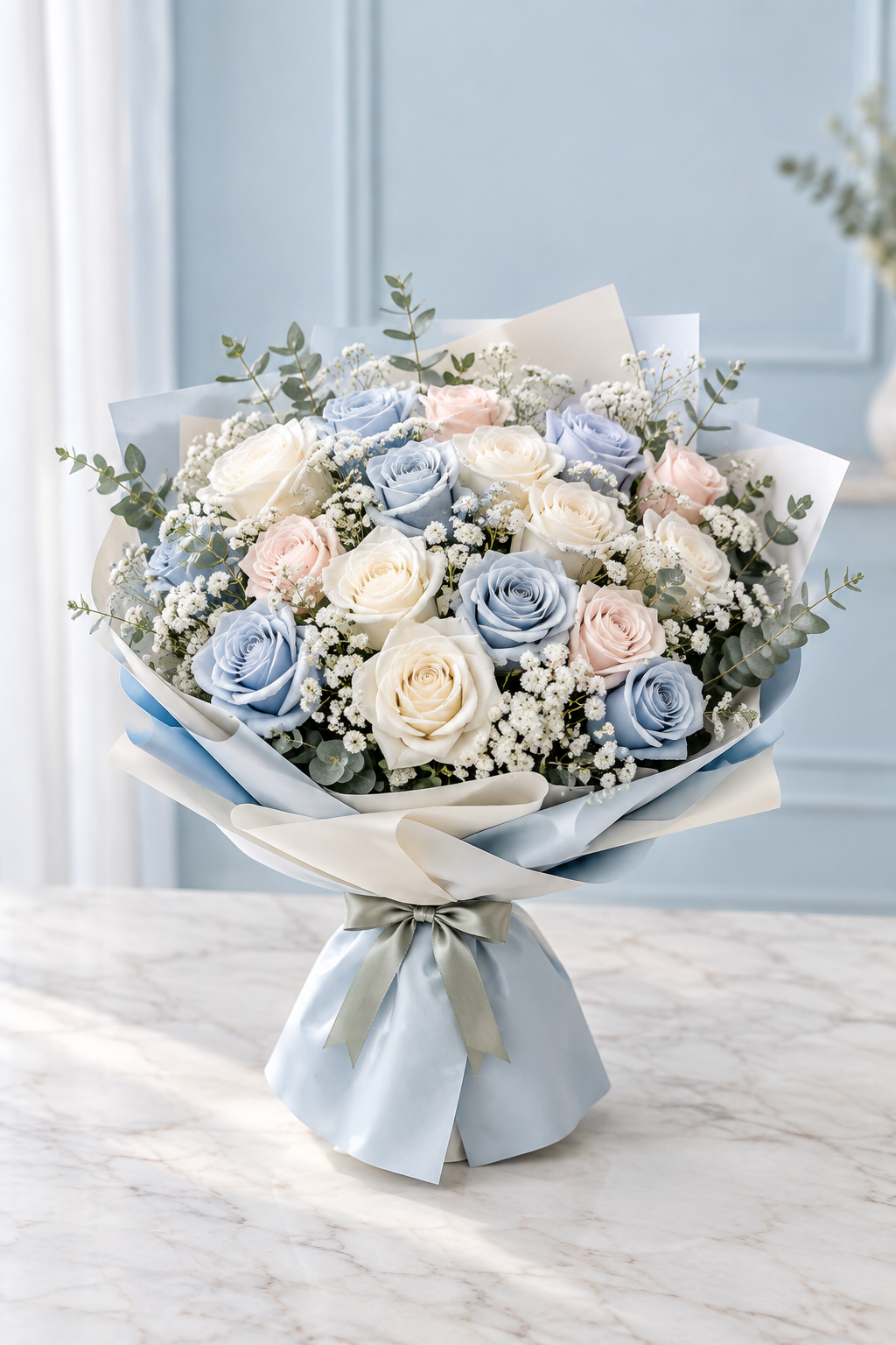 Baby Boy Blue – White Rose & Blue Hydrangea Bouquet