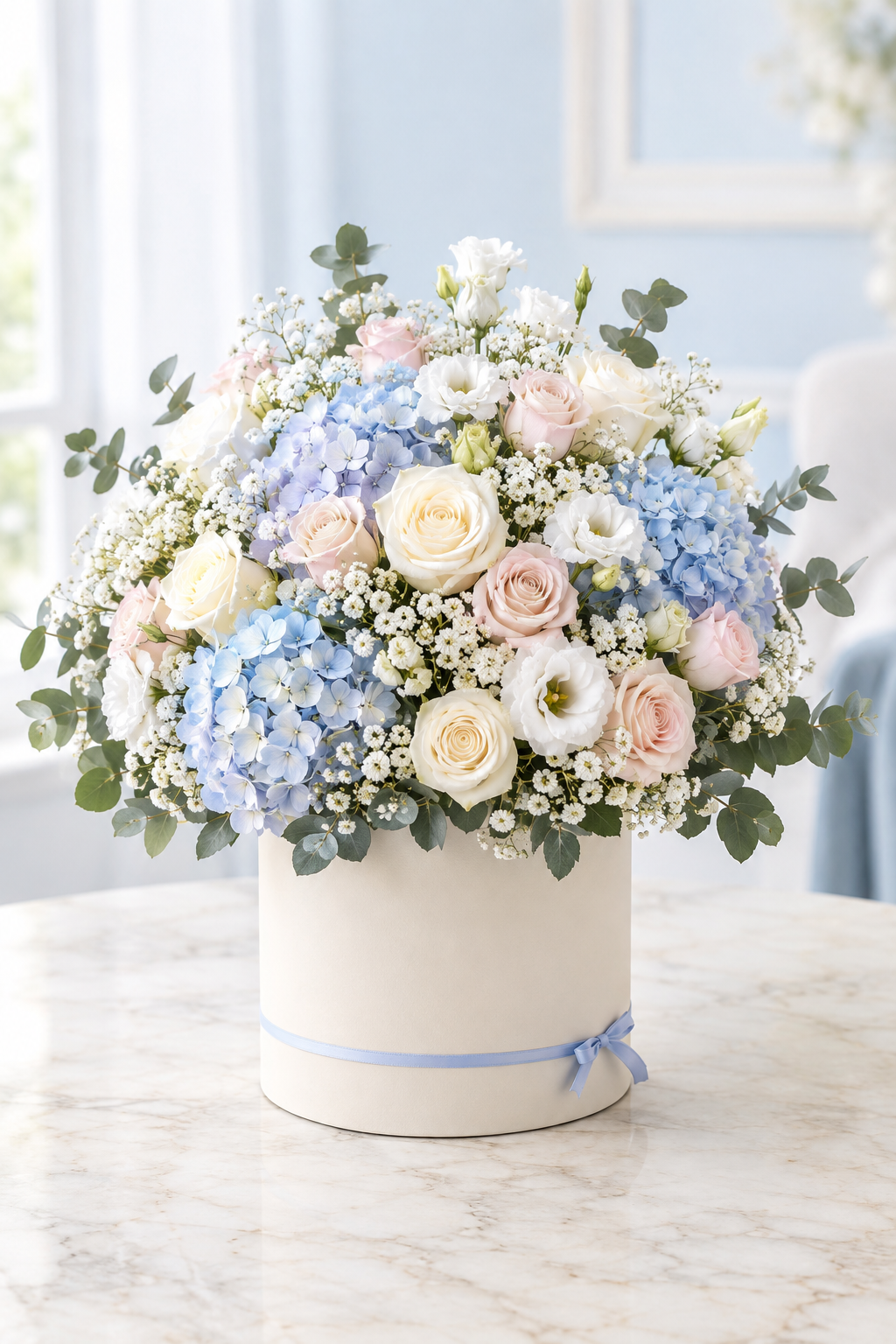 Sweet Arrival – Pastel Hydrangea & Rose Round Box