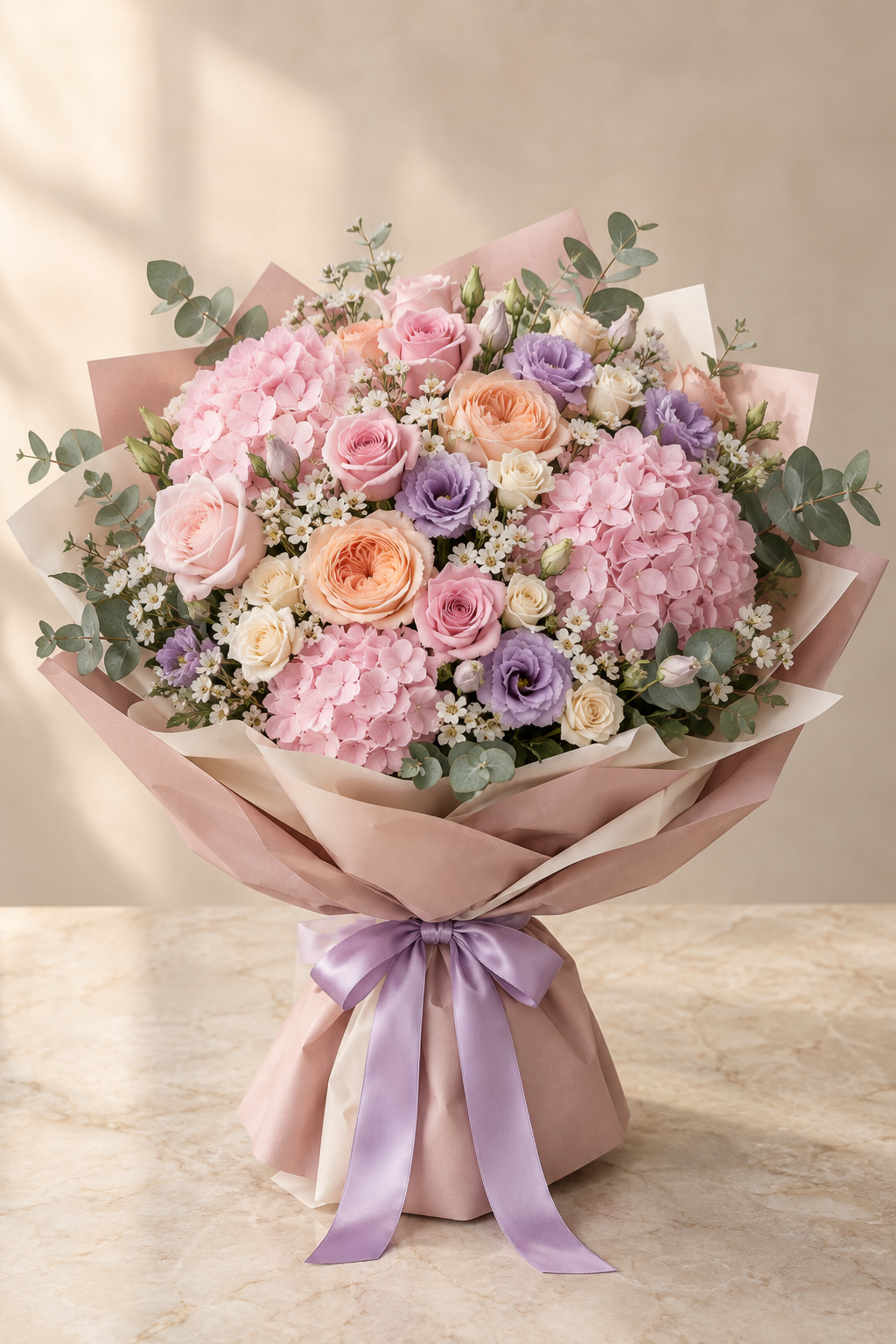 Pink Garden Birthday – Hydrangea & Peach Rose Bouquet