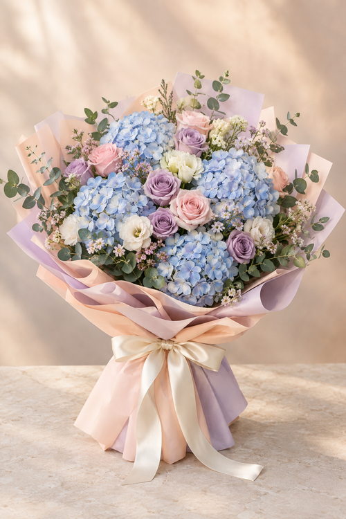 Blue Hydrangea Birthday – Hydrangea & Pink Rose Bouquet