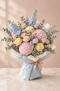 Pastel Garden Party – Delphinium & Peach Bloom Bouquet