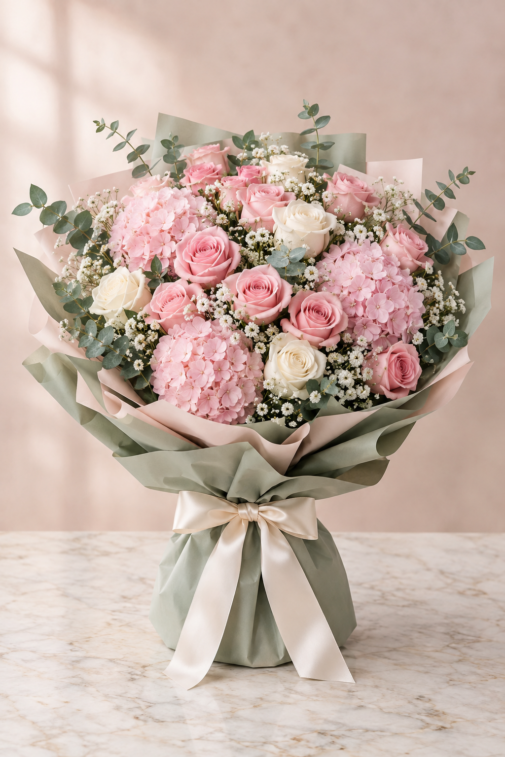 Soft Pink Wishes – Pink Rose & Hydrangea Bouquet