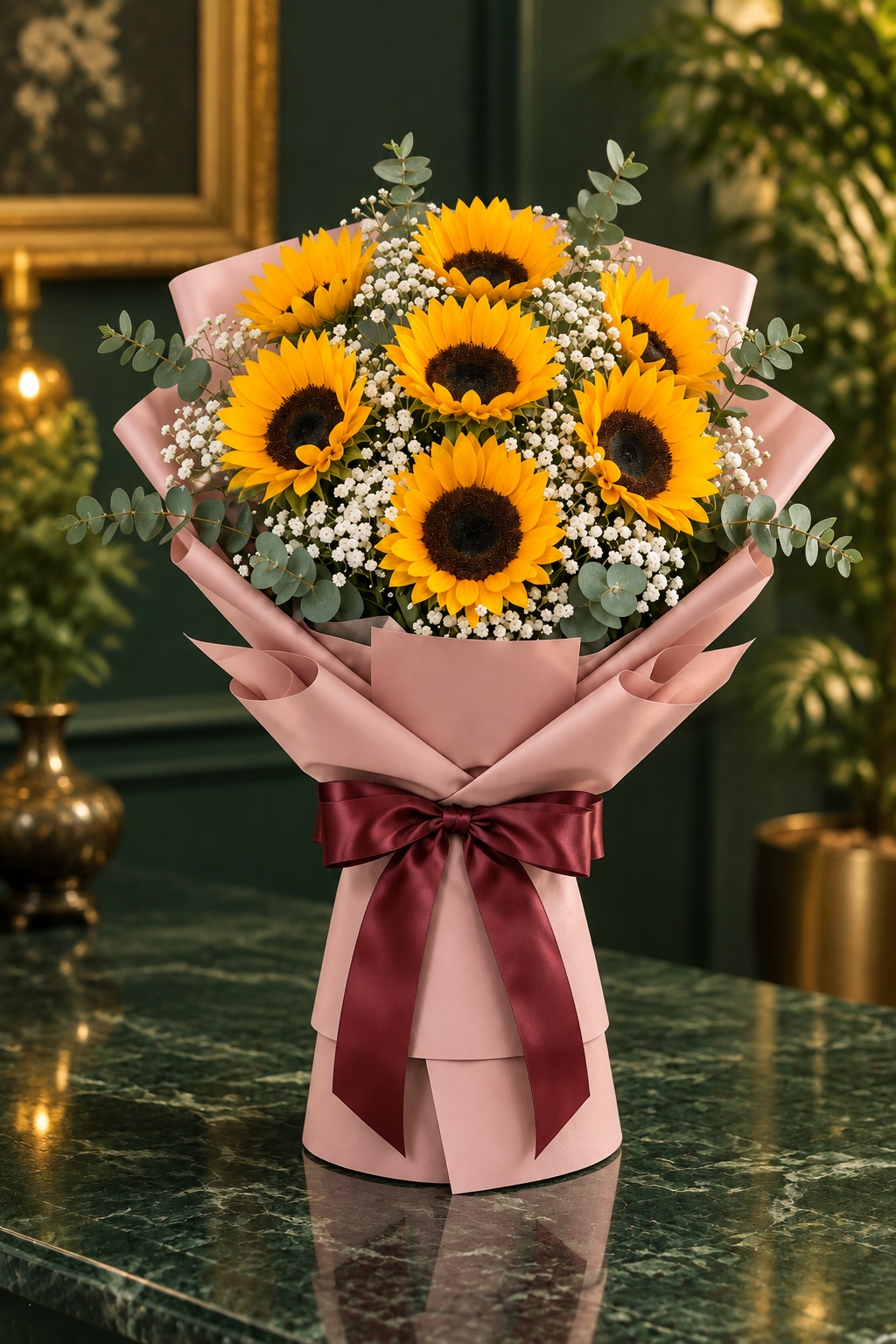 Golden Sunflower Joy – Sunflower & Gypsophila Bouquet