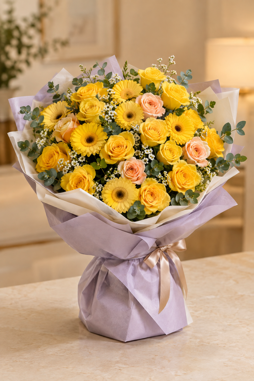 Sunshine Birthday – Yellow Gerbera & Rose Bouquet