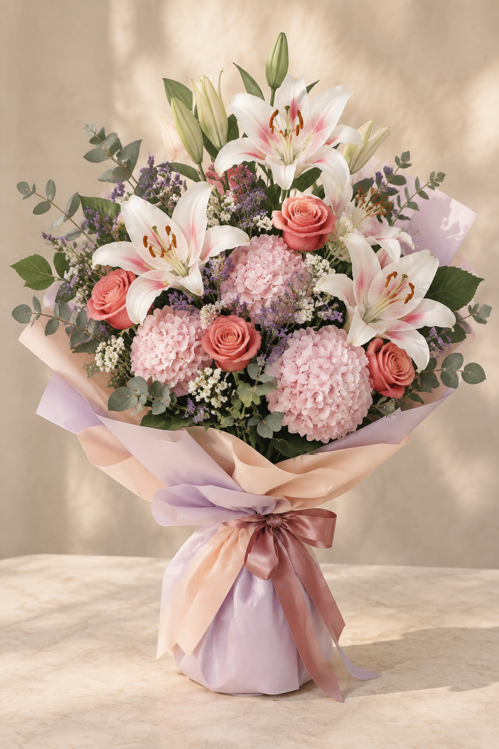 Coral Lily Joy – White Lily & Coral Rose Bouquet