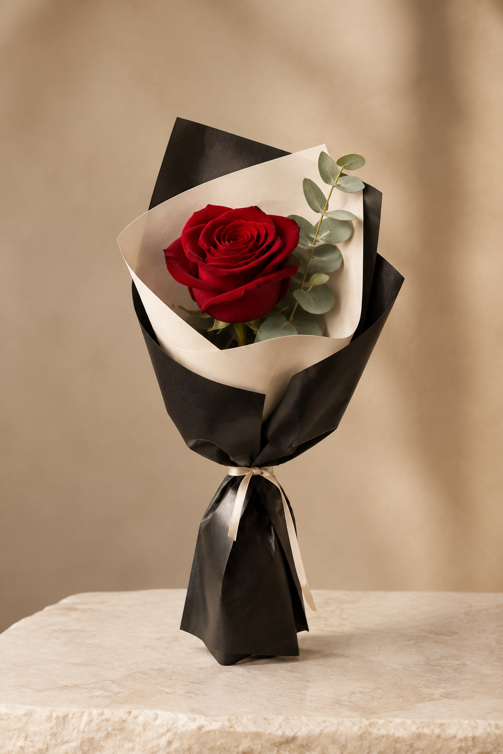 Single deep red rose in black and ivory florist wrap