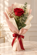 Single red rose with baby's breath in blush and ivory wrap