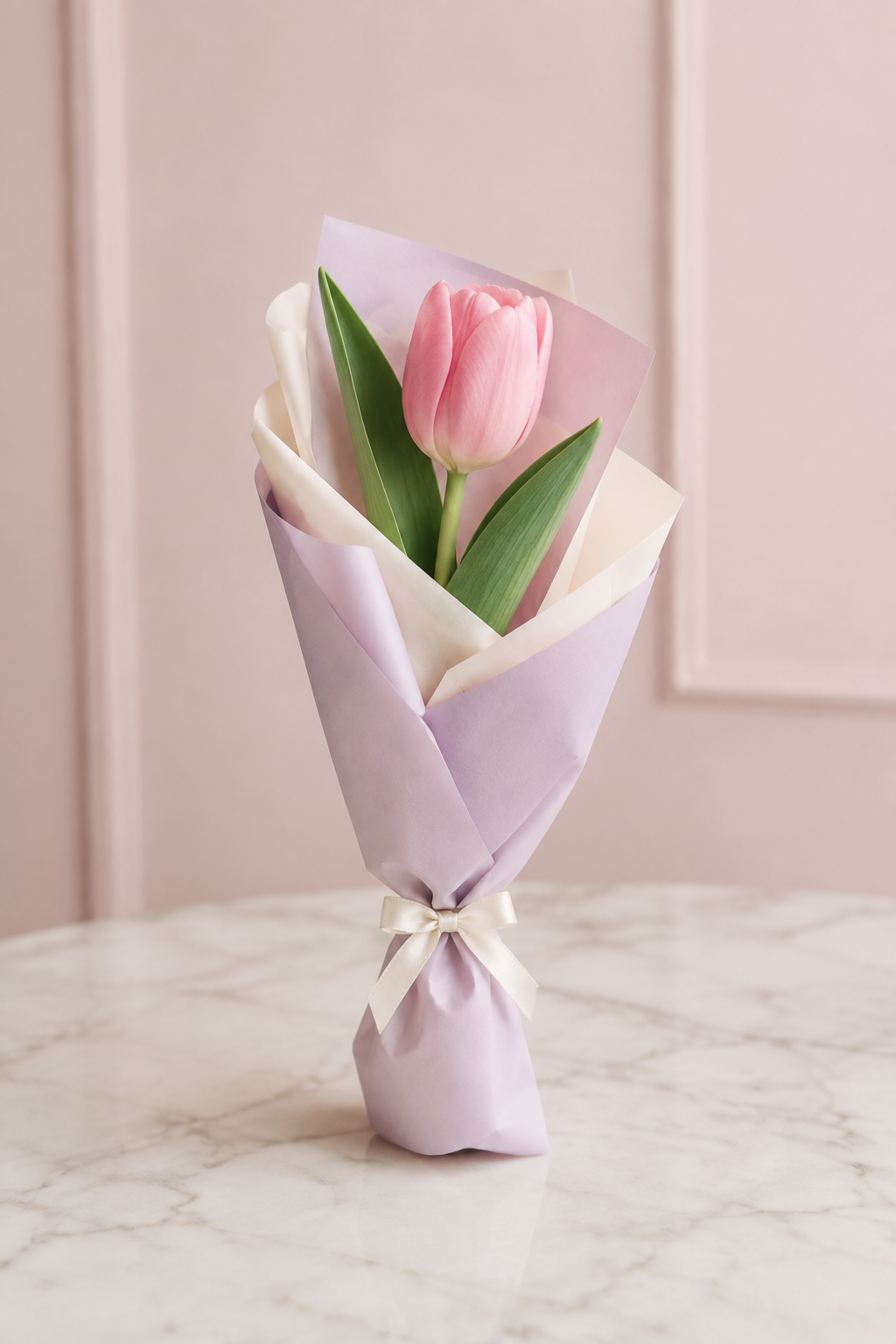 Single soft pink tulip in lavender and cream wrapping