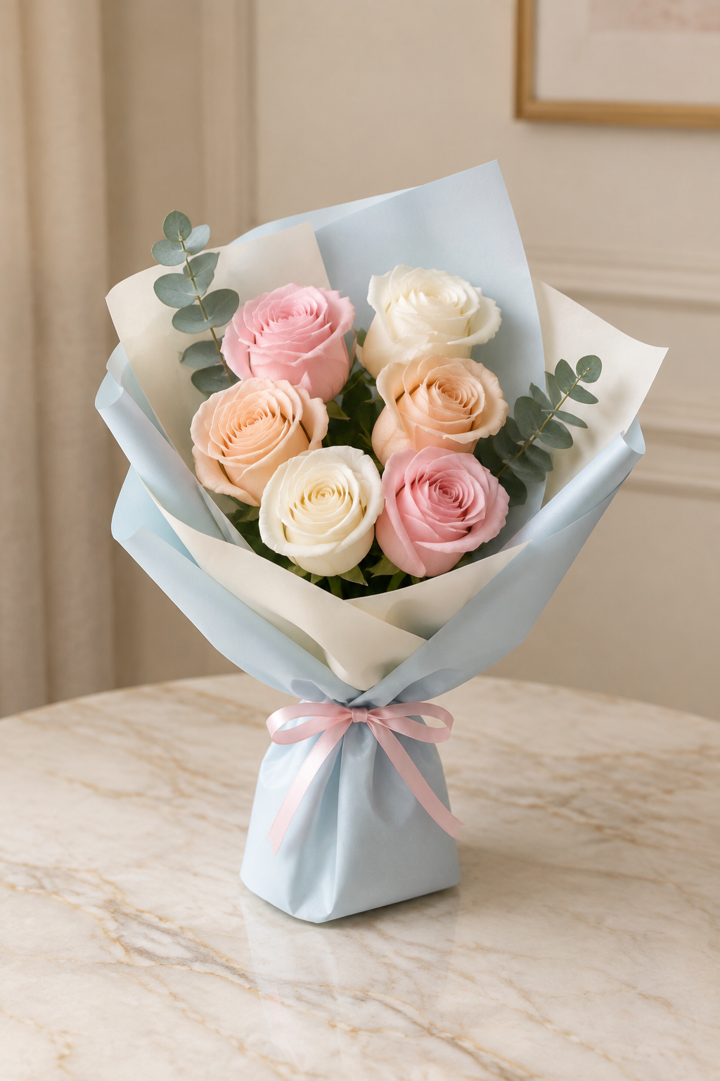 Six rose pastel hand tied gift bouquet