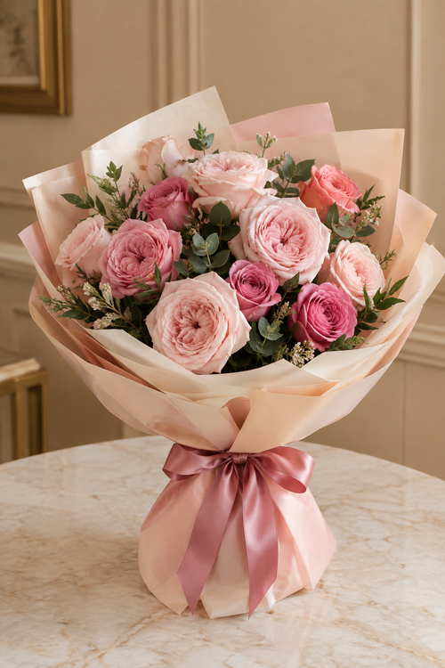 Pink garden rose apology bouquet