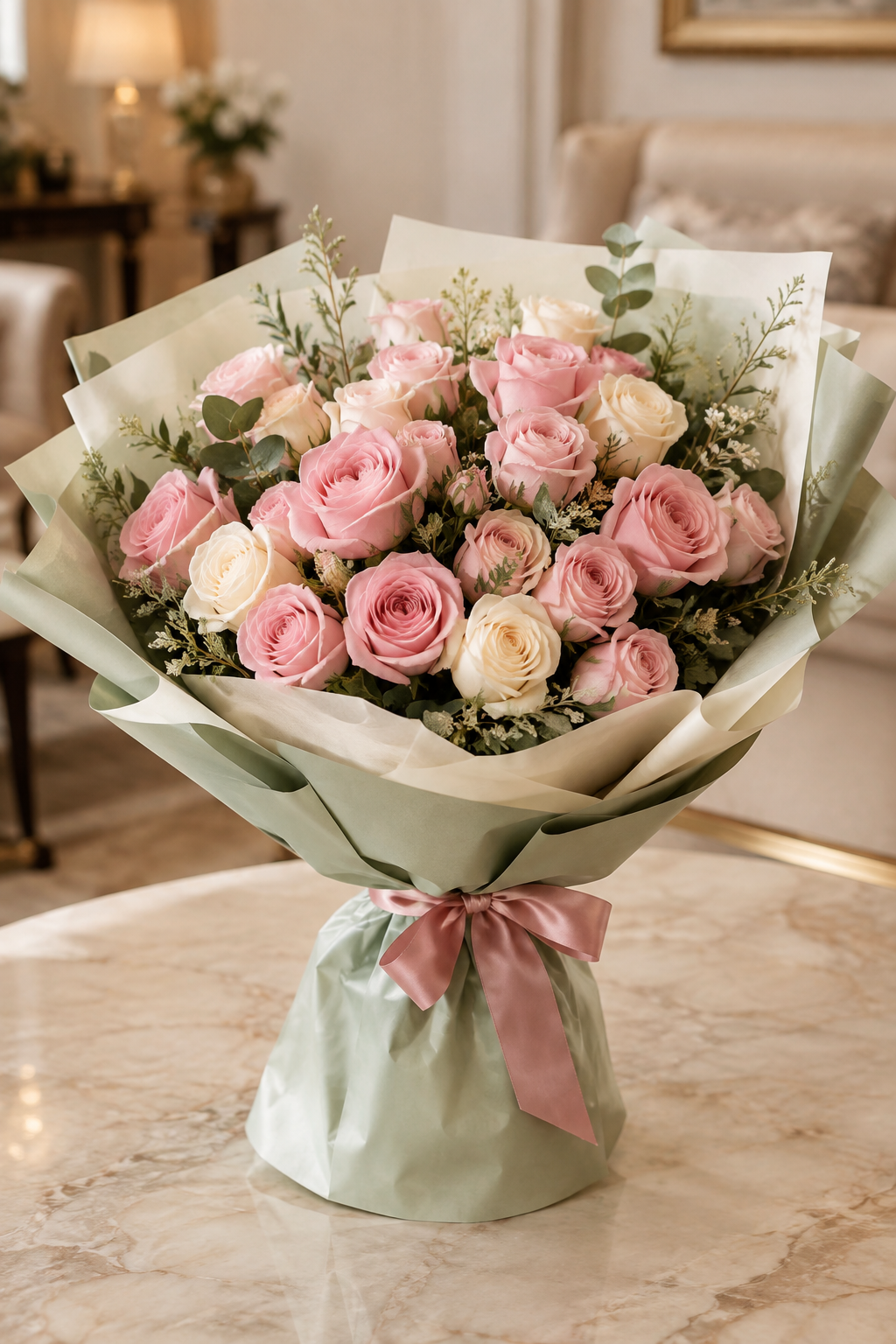 Soft Pink Rose Hand-Tied Bouquet in Sage and Cream Wrap