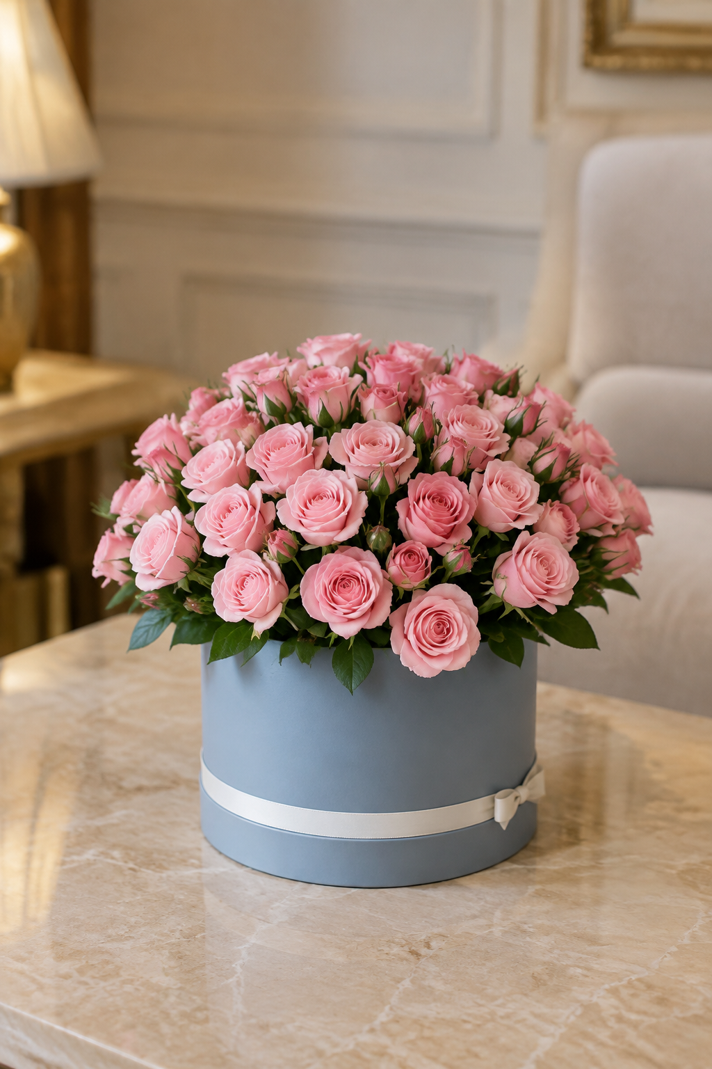 Soft Pink Spray Roses in Dusty-Blue Hatbox