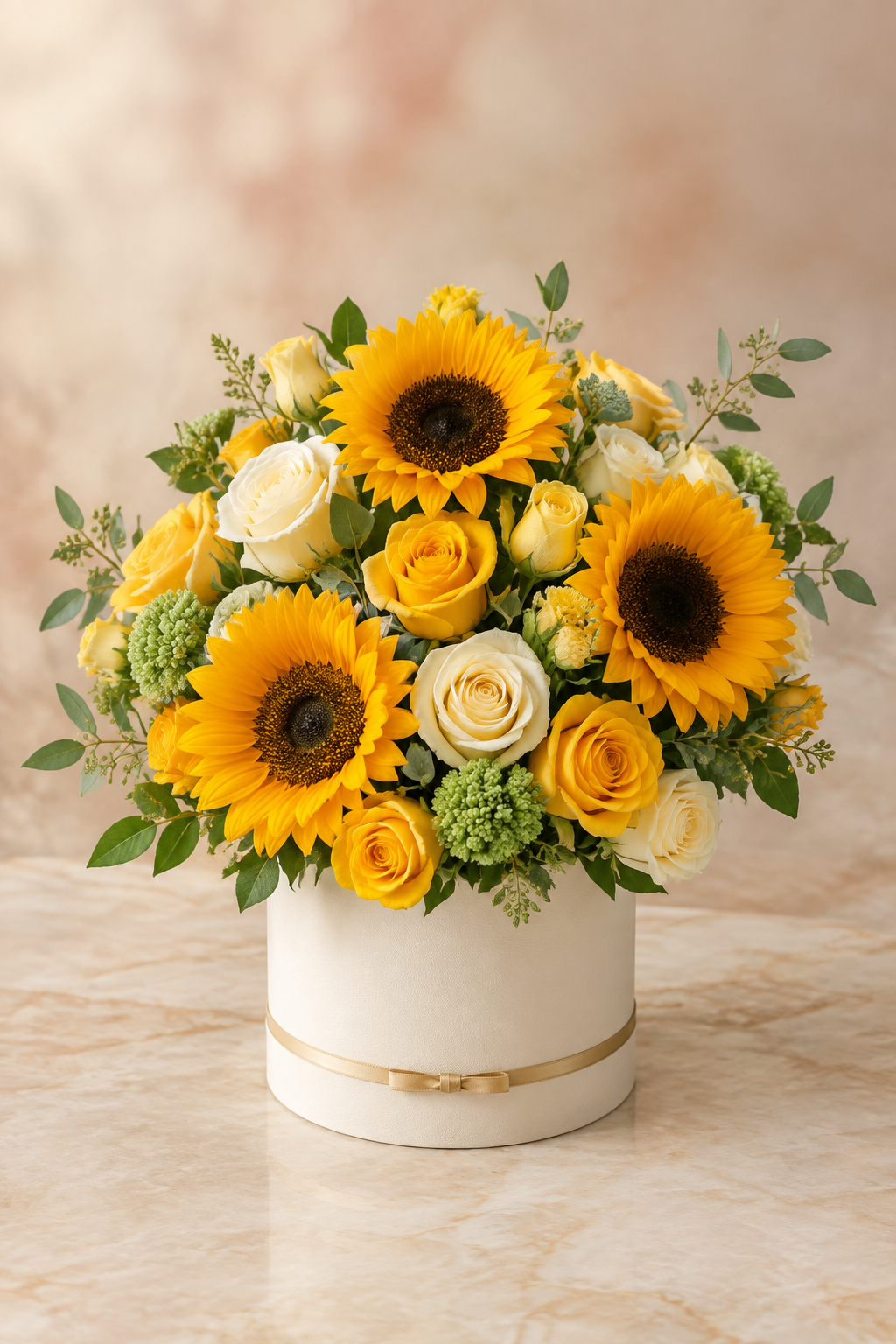 Sunflowers and yellow roses in a matte ivory round box