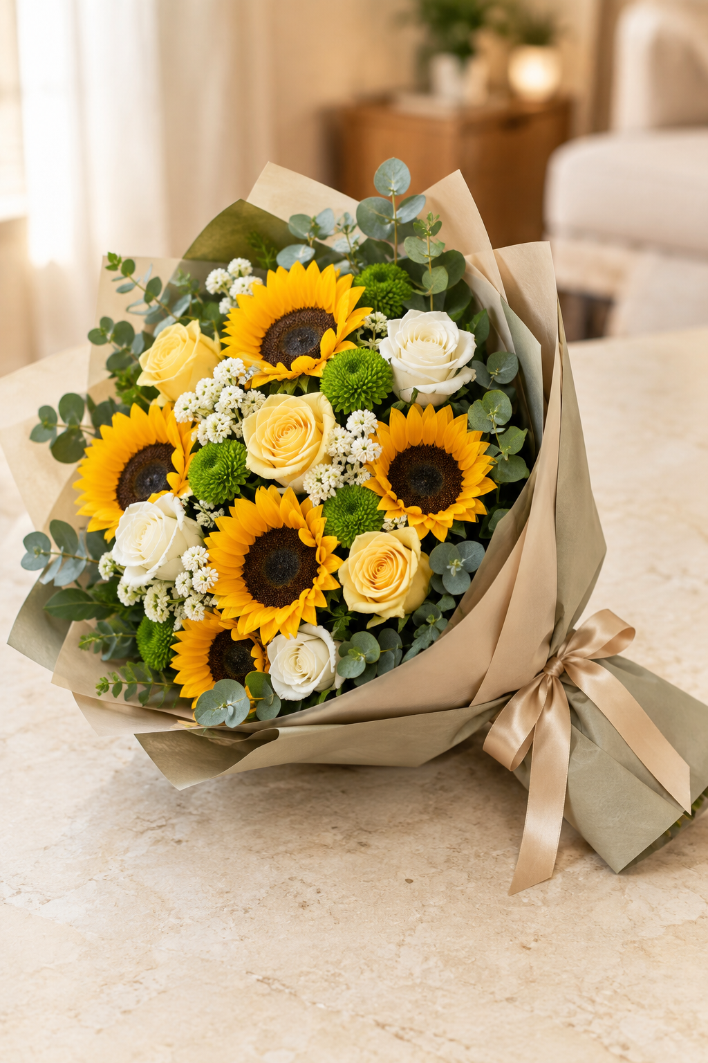 Sunflower and yellow rose bouquet in sand beige and olive paper