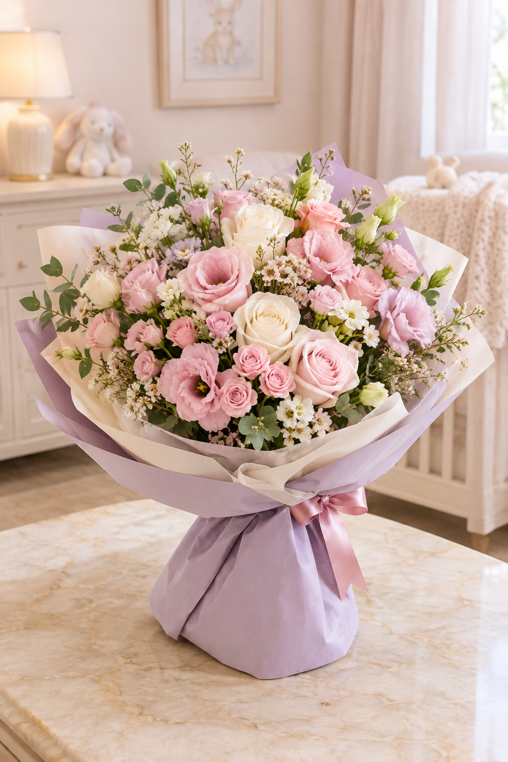 Welcome Baby Girl – Pink Rose & Carnation Bouquet