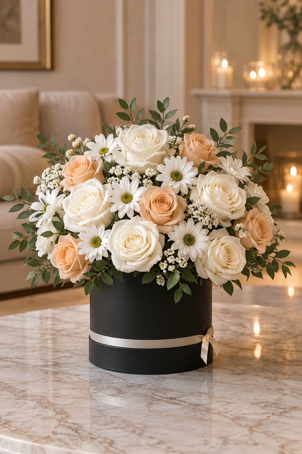White and peach congratulations flowers in a matte black box