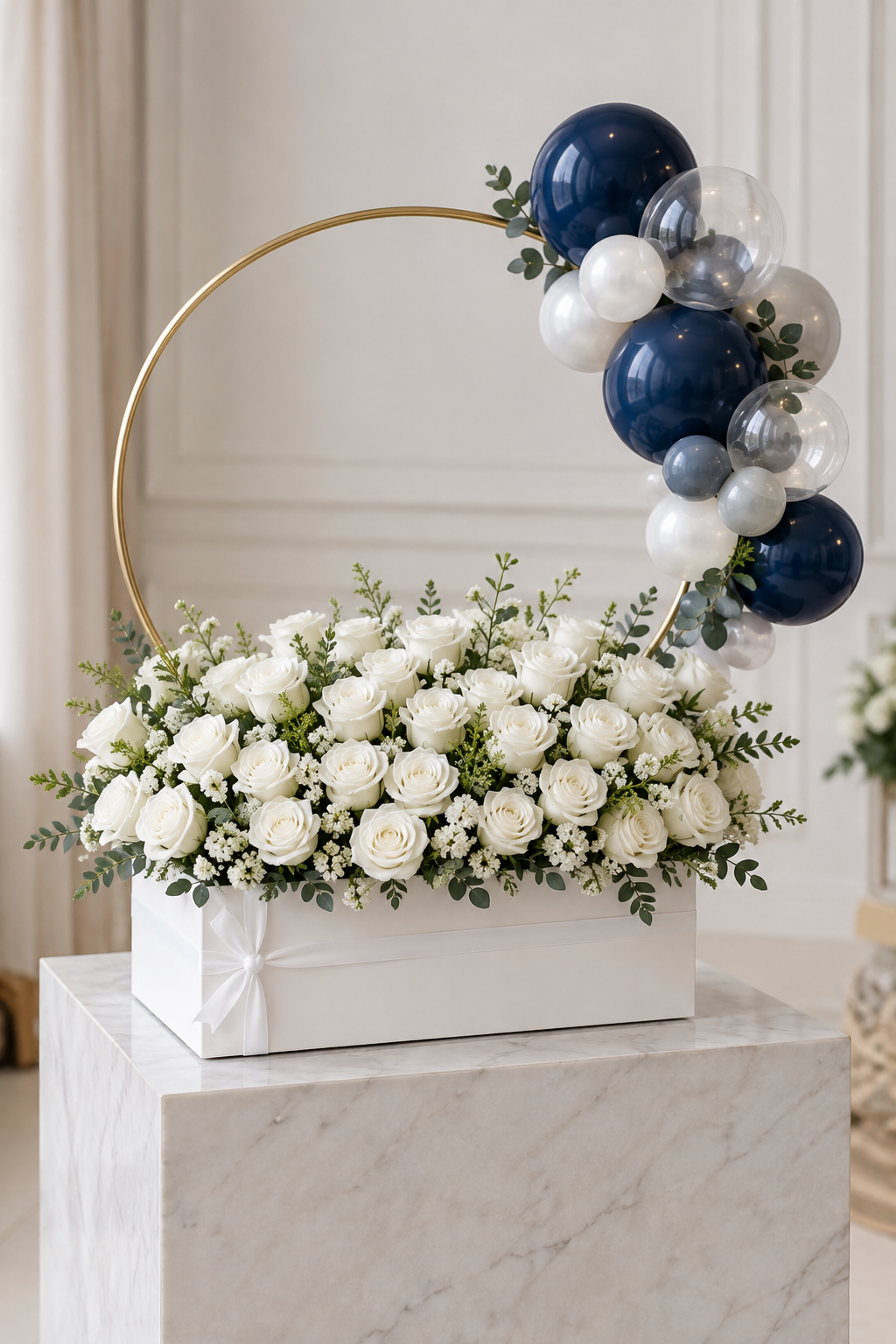White Rose Rectangular Box with Gold Hoop Balloons