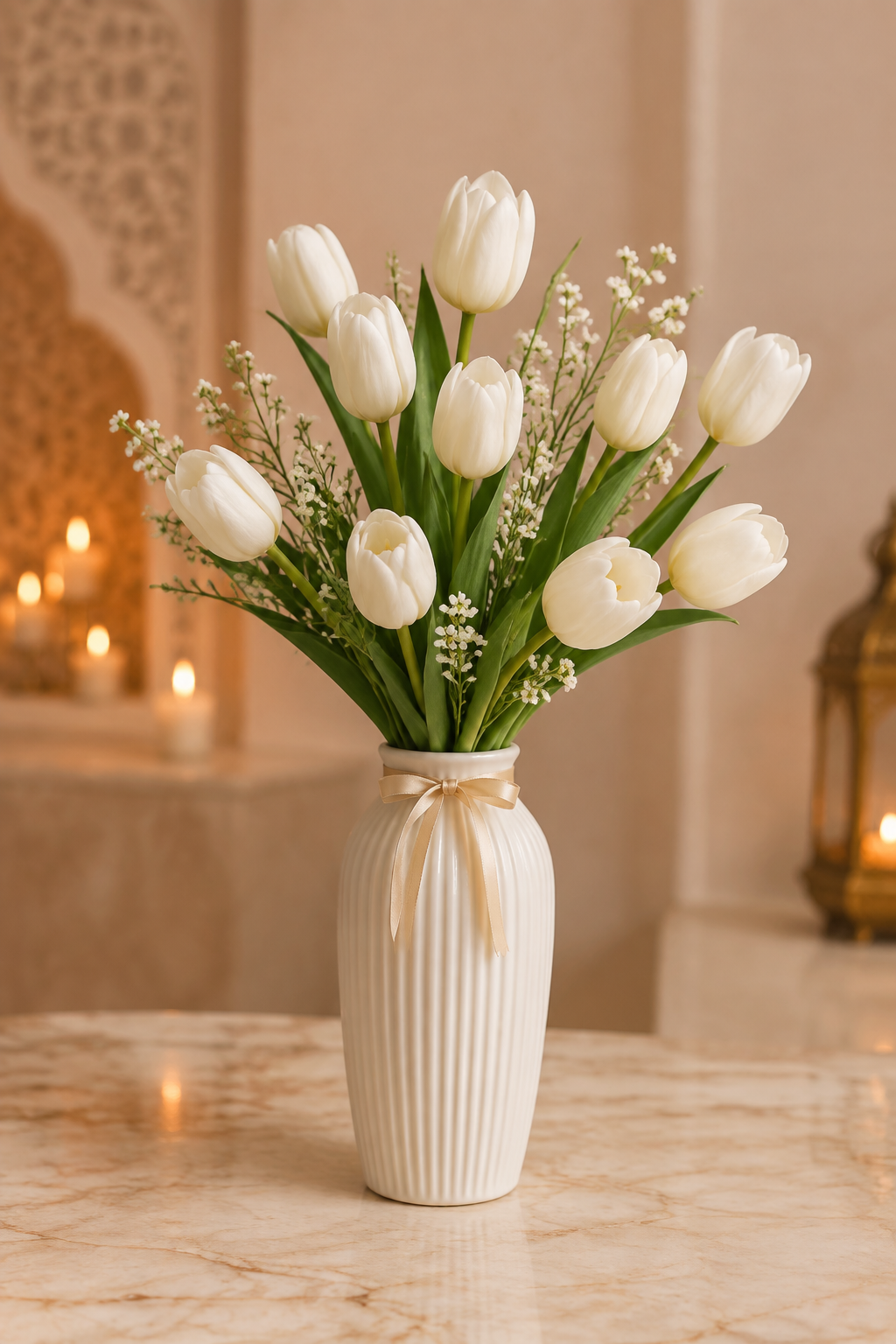 White tulips in a tall ribbed white ceramic vase