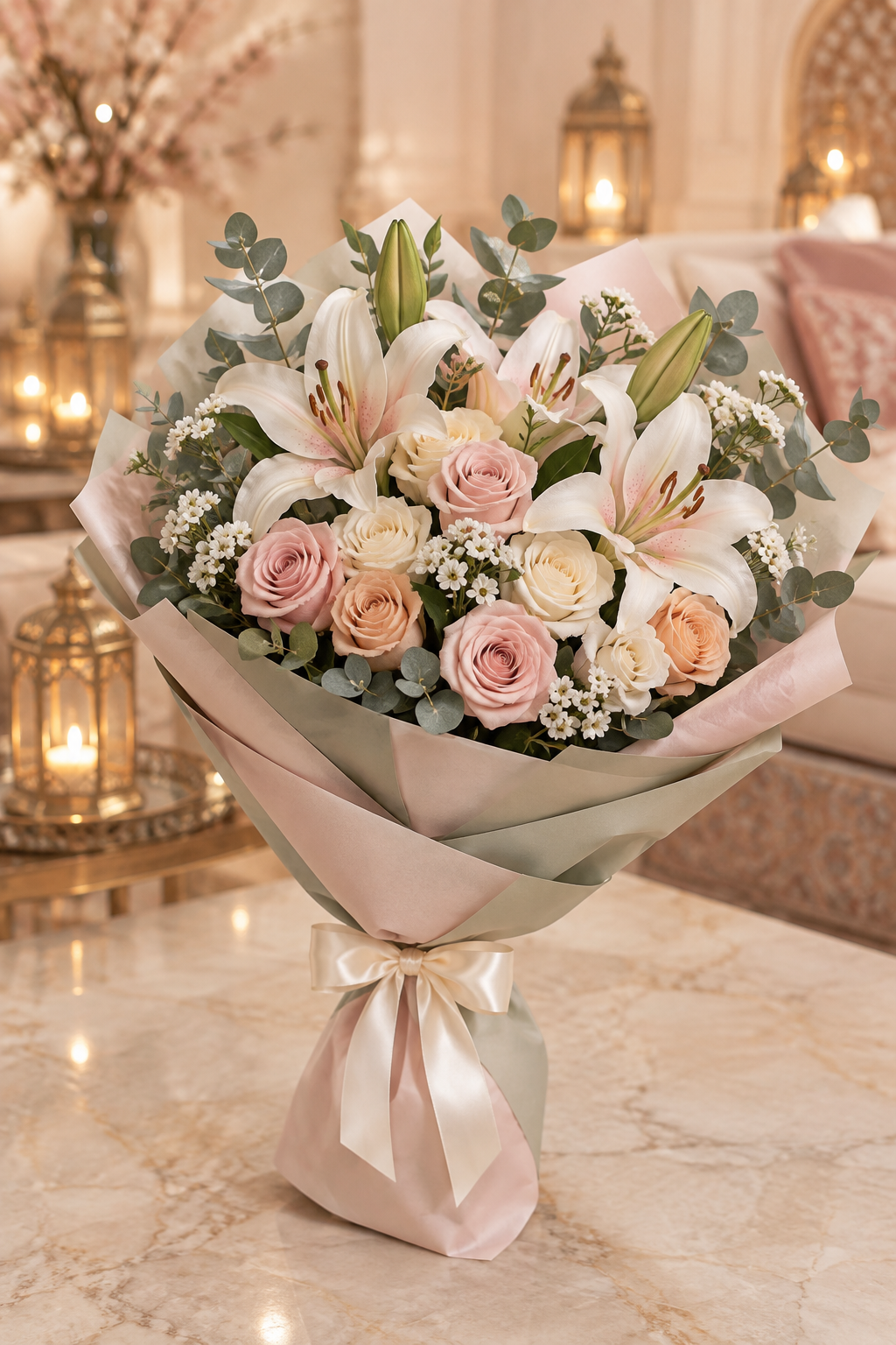 Wrapped lily and rose Eid bouquet